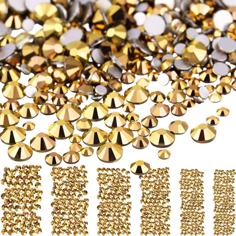 Bememo 3456 Pcs Crystals Diamond Rhinestones AB Clear Flat Back Round Gems Flatback Glass Mixed Size Crystals Gems for Crafts Clothes Shoes Makeup Bags Decor, 6 Sizes(Mine Gold) - Image 1